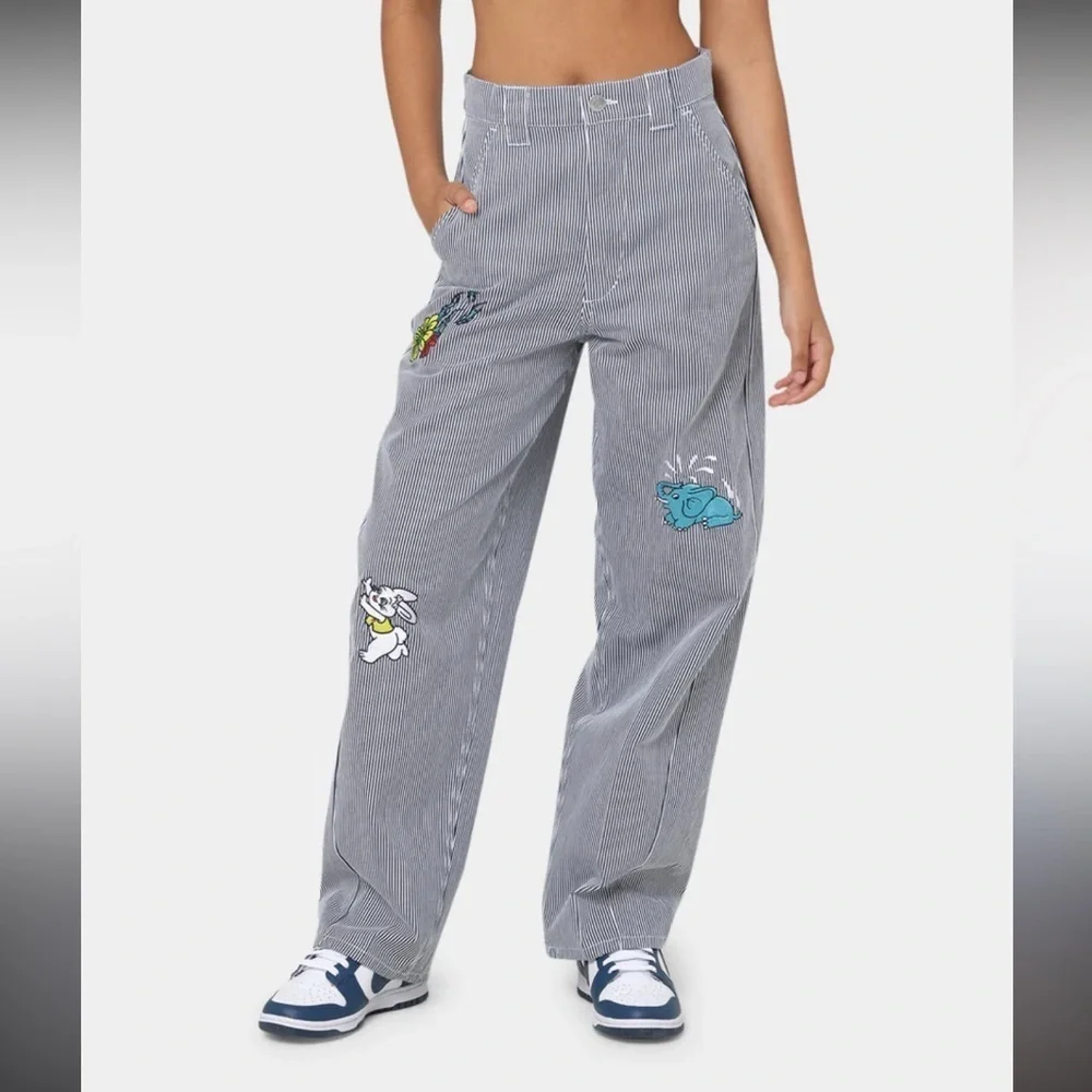 OBEY WOMEN'S HARU BAGGY PANTS striped embroidered size 25
